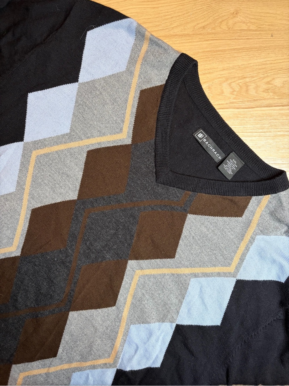 Bachrach Black & Grey & Brown Argyle V-Neck Italian Merino Wool Sweater XXL